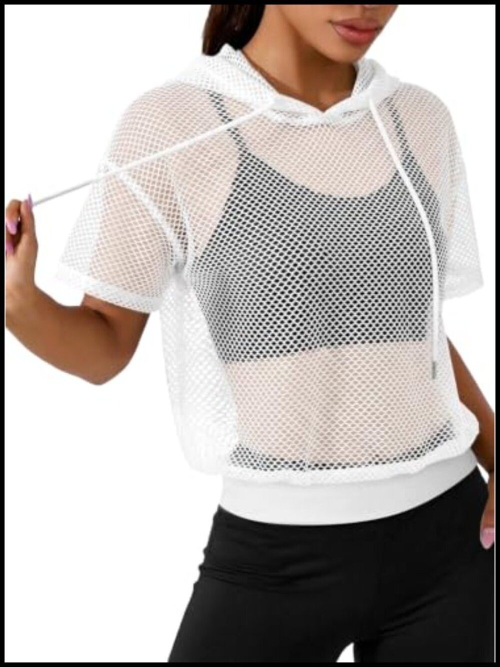 Mesh Workout Top See Through Hooded Crop Top Yoga Gym Layer